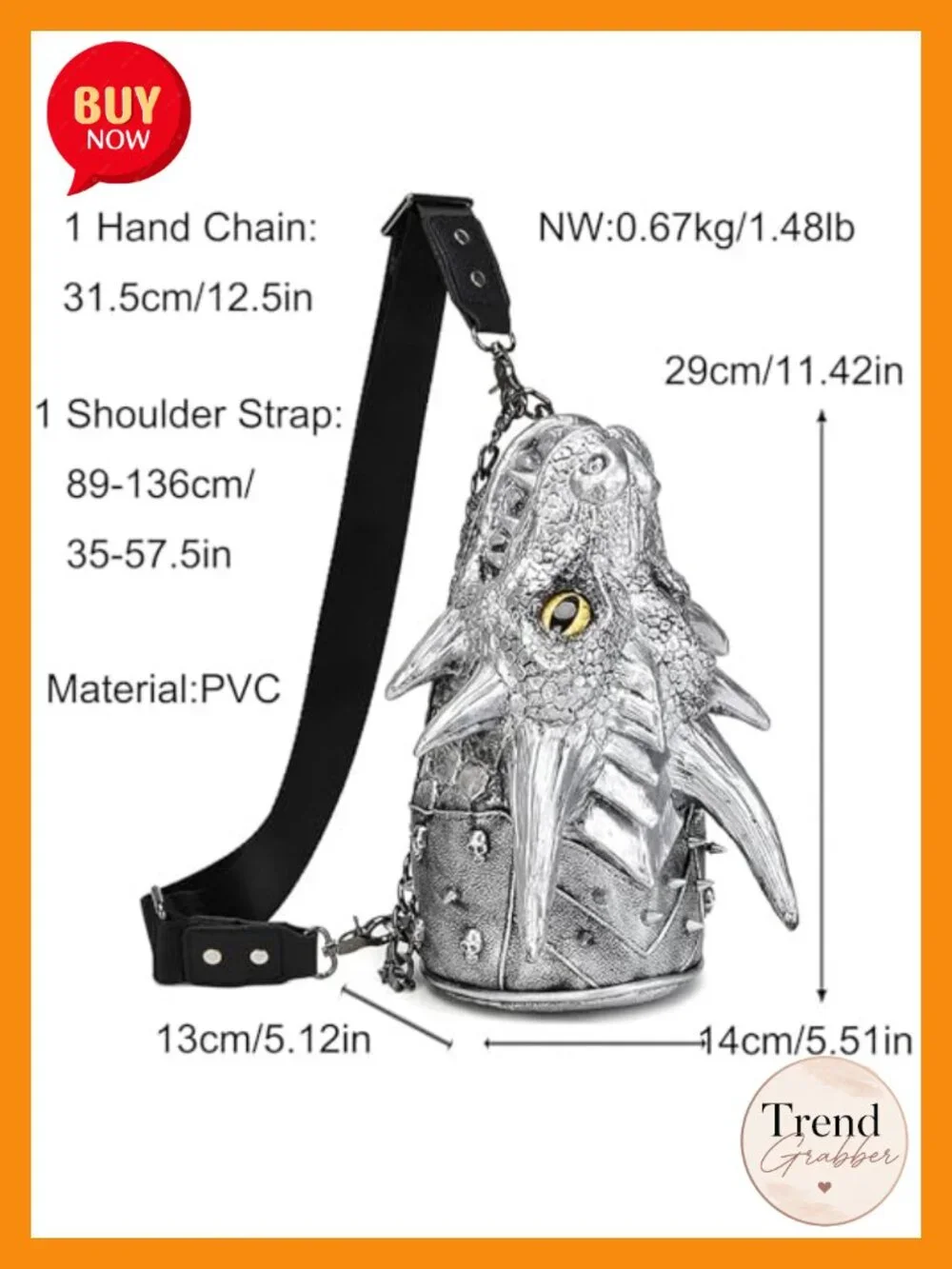 3D Dragon Head Crossbody Bag with Chain, Steampunk Gothic Sling Purse for